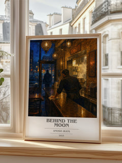 Behind The Moon book cover print in frame leaning in hallway – contemporary fiction wall art