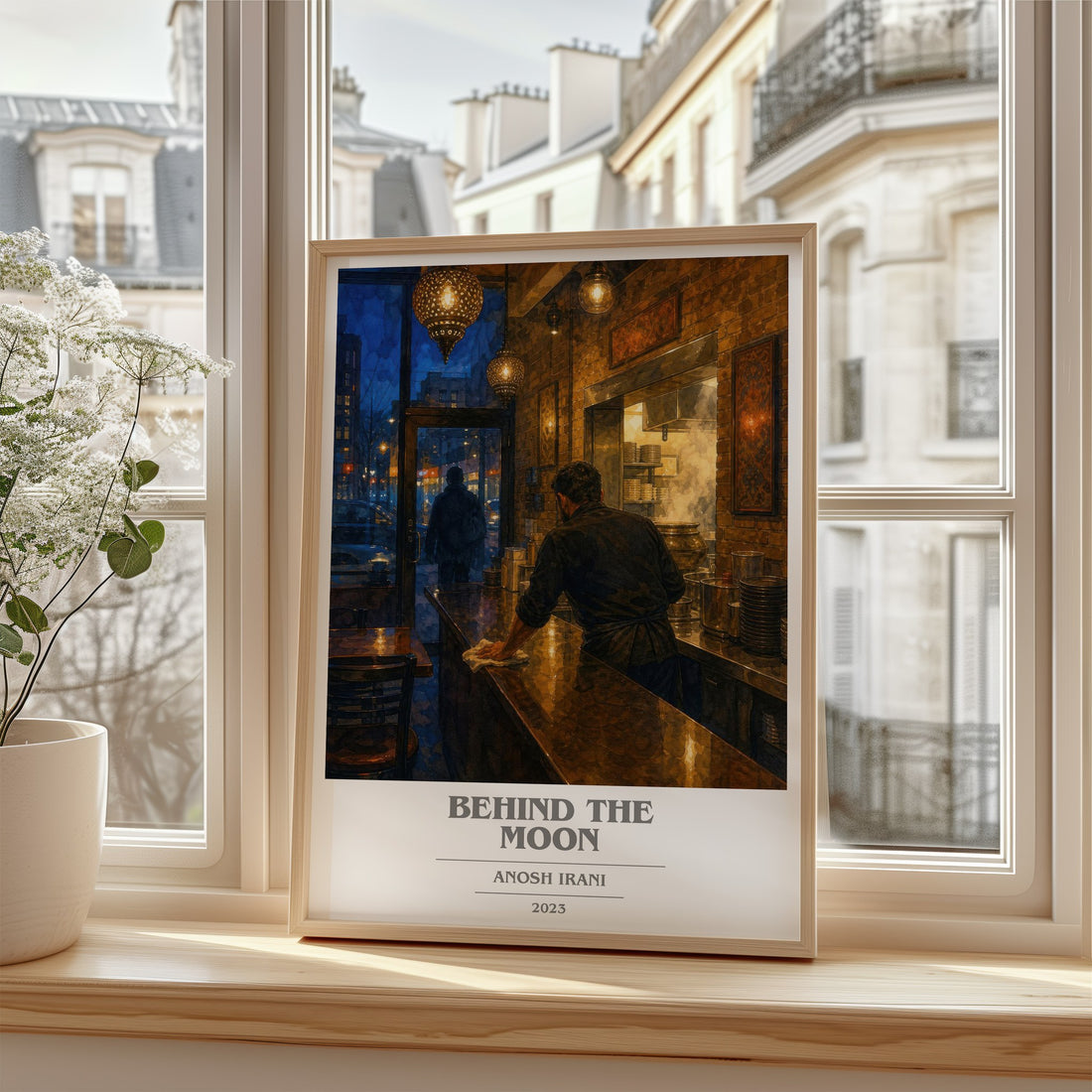 Behind The Moon book cover print in frame leaning in hallway – contemporary fiction wall art