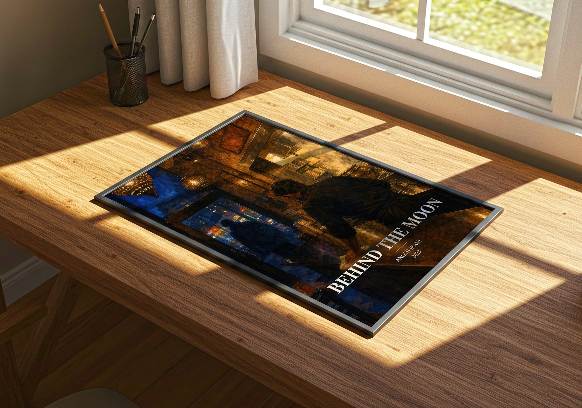 Behind The Moon watercolour book poster framed on wall – contemporary fiction wall art