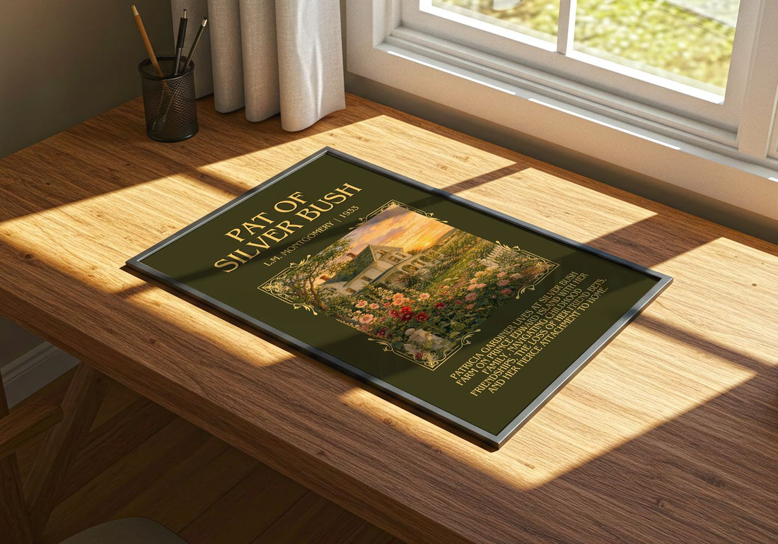 Pat Of Silver Bush Minimalist Book Poster by L.M. Montgomery – print on a sunlit desk