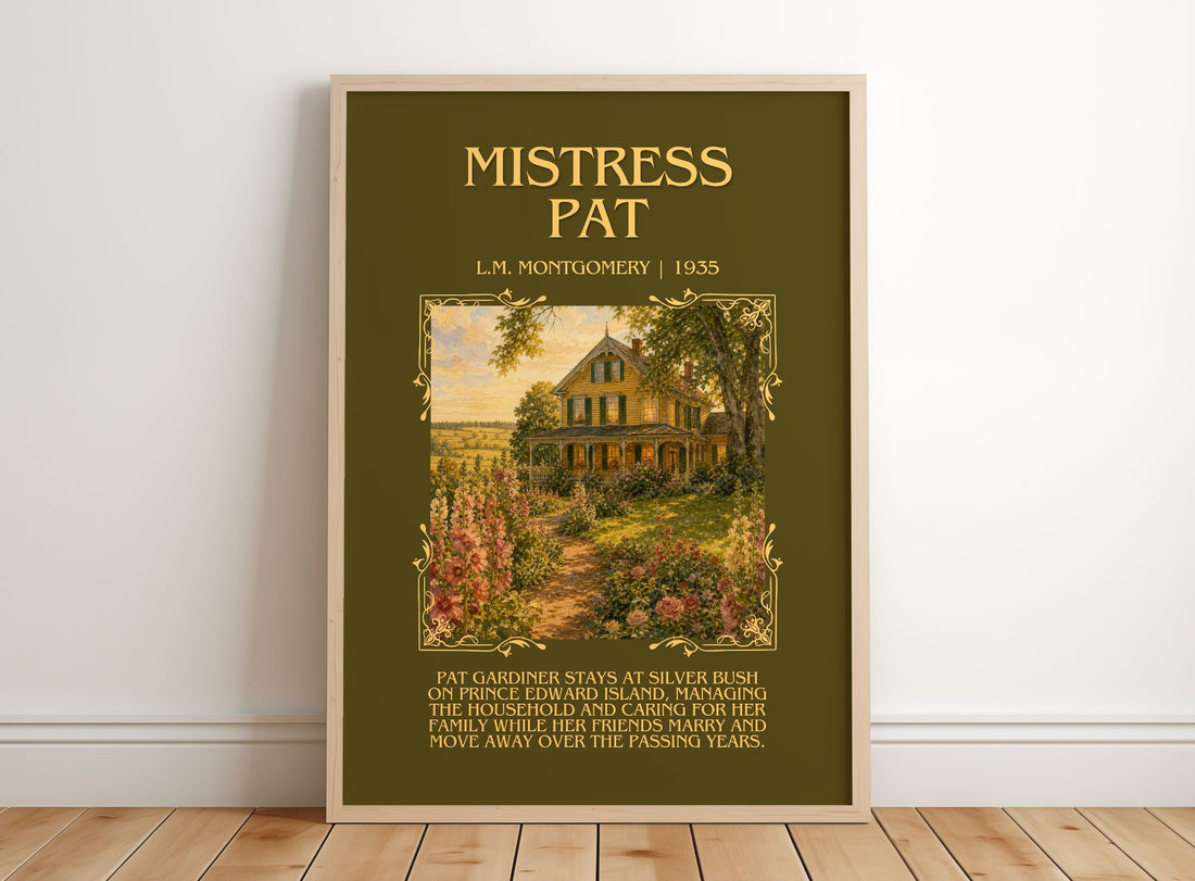 Mistress Pat Minimalist Book Poster by L.M. Montgomery – framed print leaning on a wooden floor