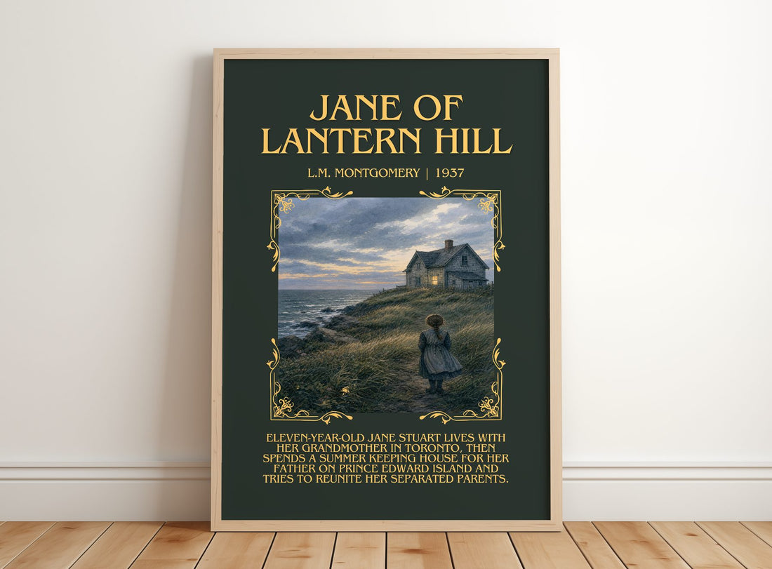 Jane Of Lantern Hill Minimalist Book Poster by L.M. Montgomery – framed print leaning on a wooden floor