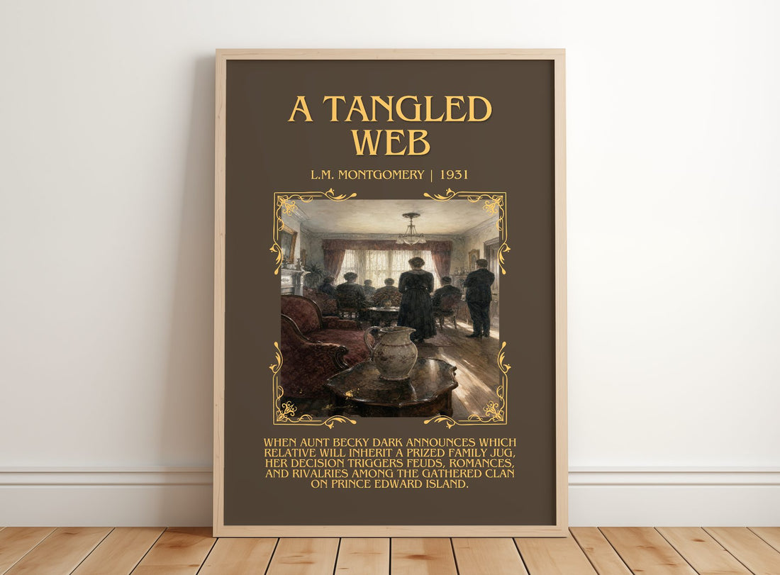 A Tangled Web Minimalist Book Poster by L.M. Montgomery – framed print leaning on a wooden floor