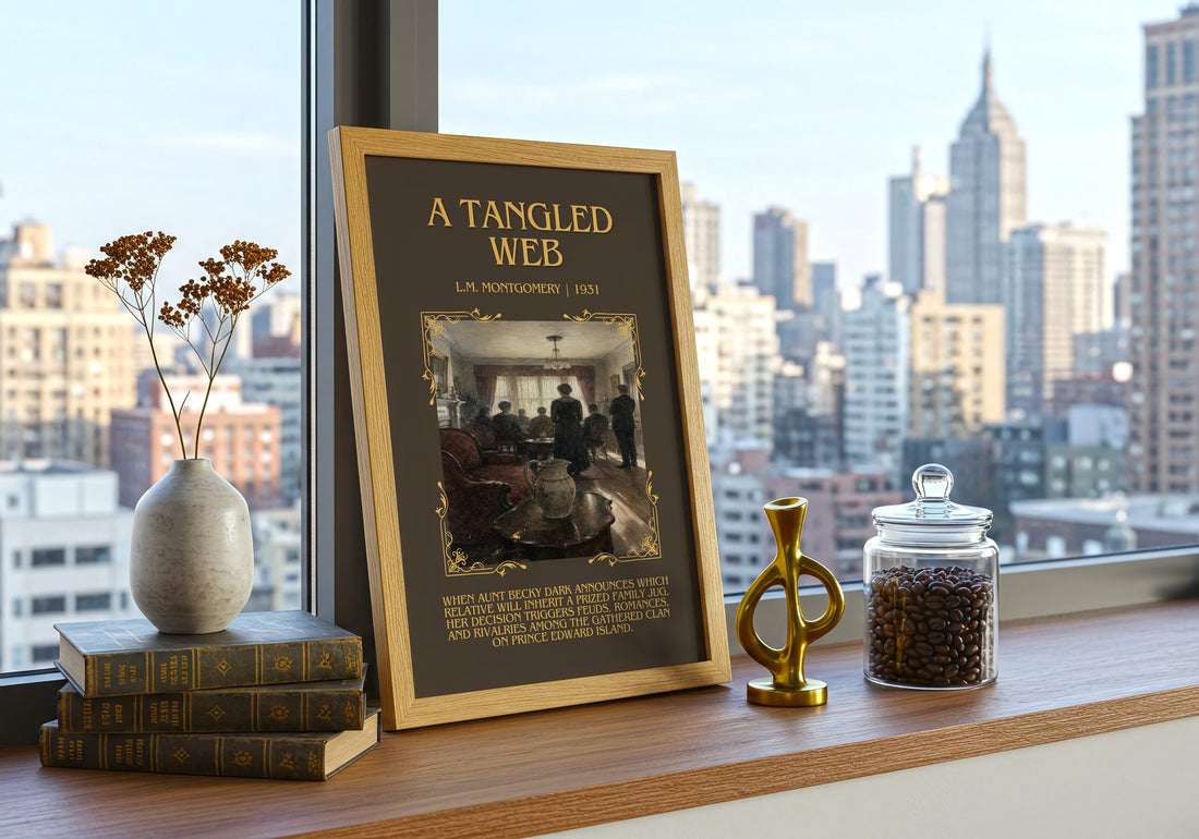 A Tangled Web Minimalist Book Poster by L.M. Montgomery – framed print on a city-view windowsill