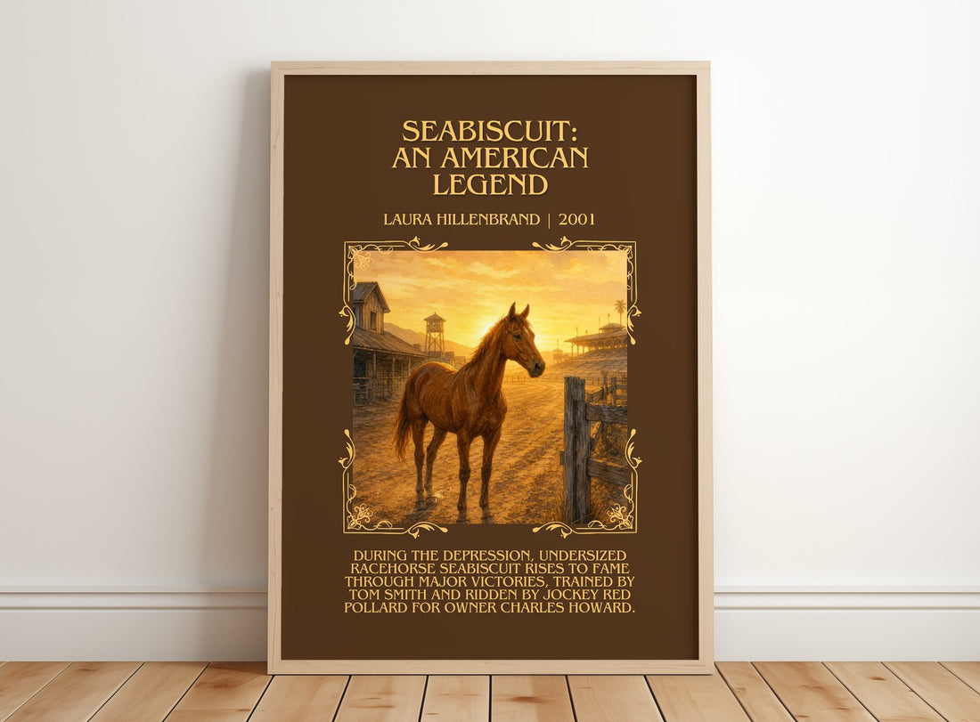 Seabiscuit: An American Legend Minimalist Book Poster – framed print leaning on a wooden floor
