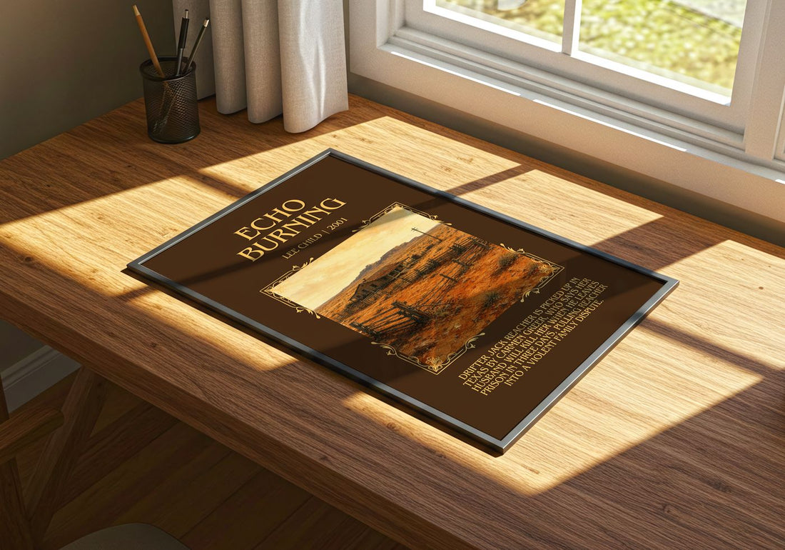 Echo Burning Minimalist Book Poster by Lee Child – print on a sunlit desk