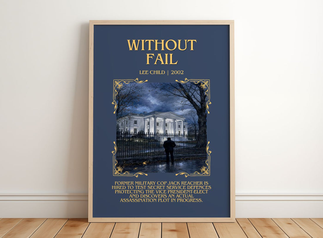 Without Fail Minimalist Book Poster by Lee Child – framed print leaning on a wooden floor