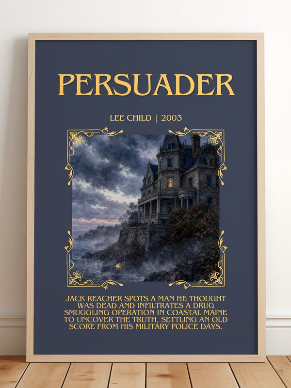 Persuader Minimalist Book Poster by Lee Child – framed print leaning on a wooden floor