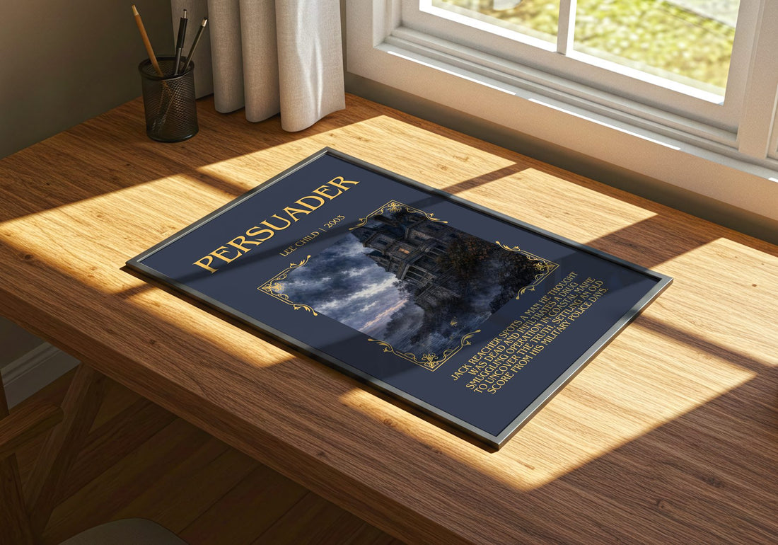 Persuader Minimalist Book Poster by Lee Child – print on a sunlit desk