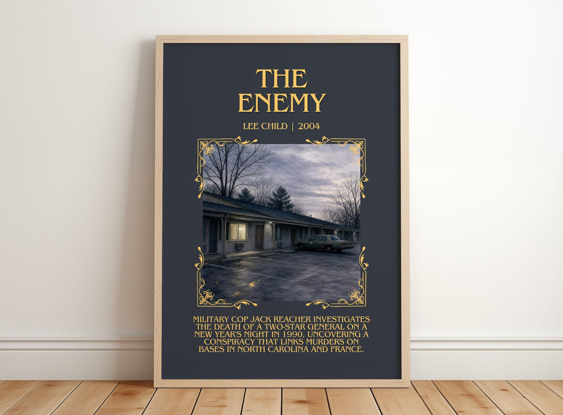 The Enemy Minimalist Book Poster by Lee Child – framed print leaning on a wooden floor