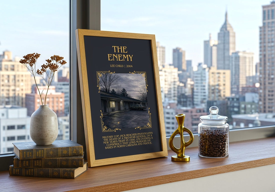 The Enemy Minimalist Book Poster by Lee Child – framed print on a city-view windowsill