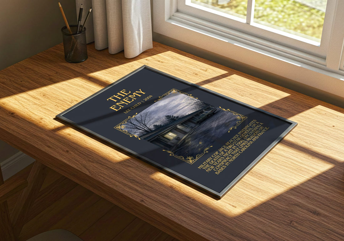 The Enemy Minimalist Book Poster by Lee Child – print on a sunlit desk