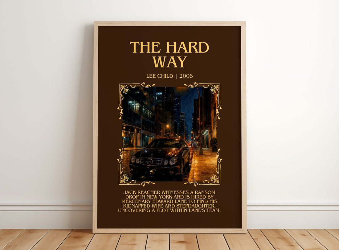 The Hard Way Minimalist Book Poster by Lee Child – framed print leaning on a wooden floor