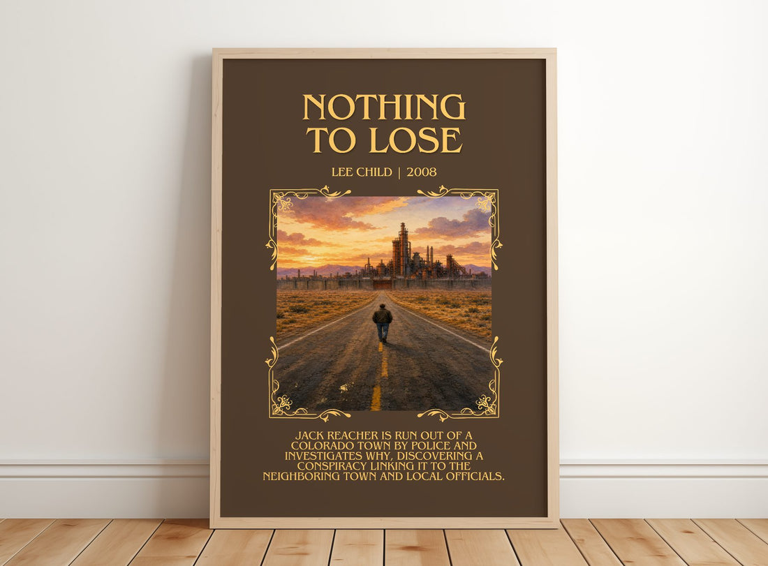 Nothing To Lose Minimalist Book Poster by Lee Child – framed print leaning on a wooden floor