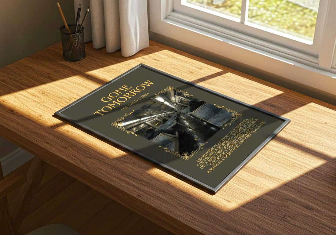 Gone Tomorrow Minimalist Book Poster by Lee Child – print on a sunlit desk