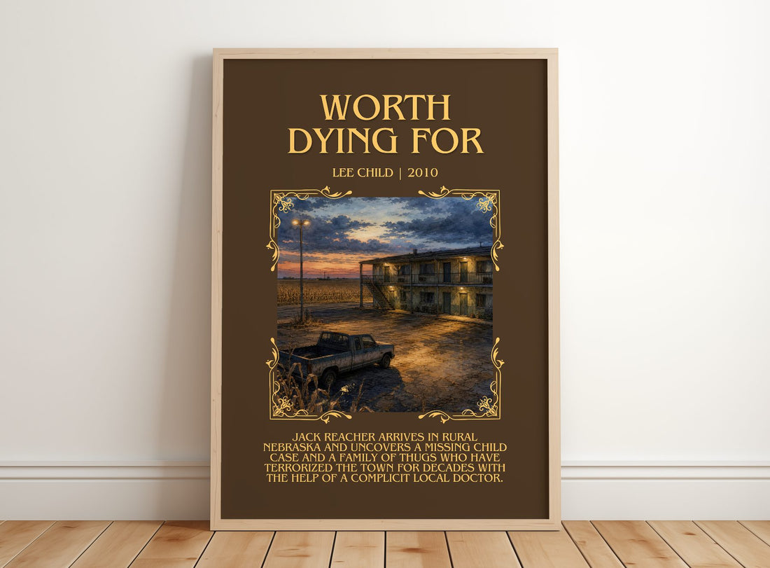 Worth Dying For Minimalist Book Poster by Lee Child – framed print leaning on a wooden floor