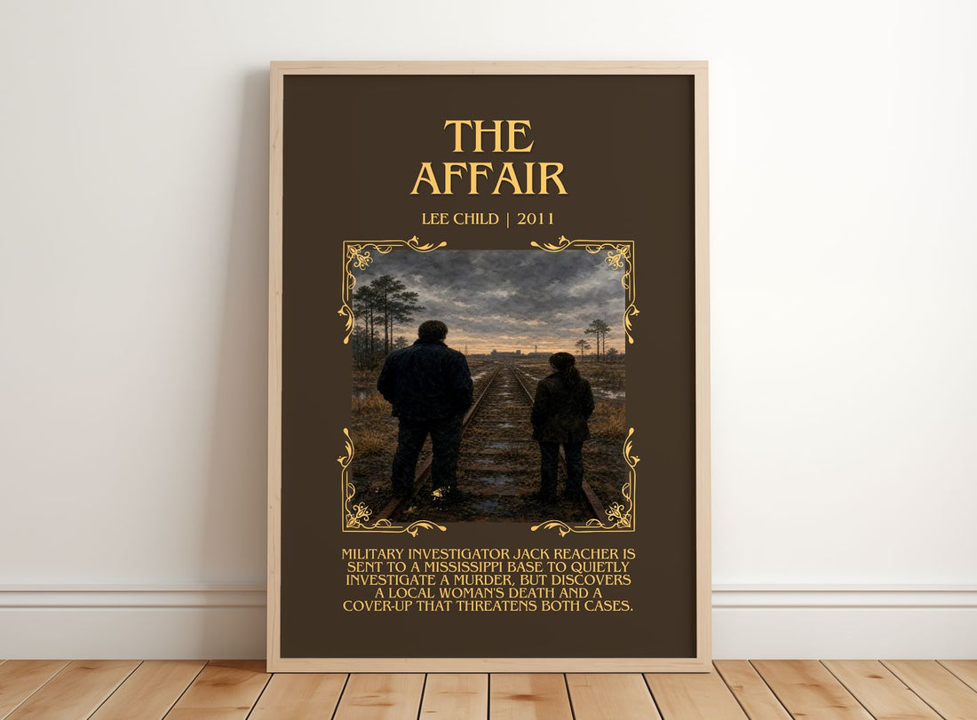 The Affair Minimalist Book Poster by Lee Child – framed print leaning on a wooden floor