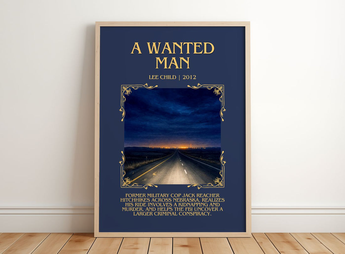 A Wanted Man Minimalist Book Poster by Lee Child – framed print leaning on a wooden floor