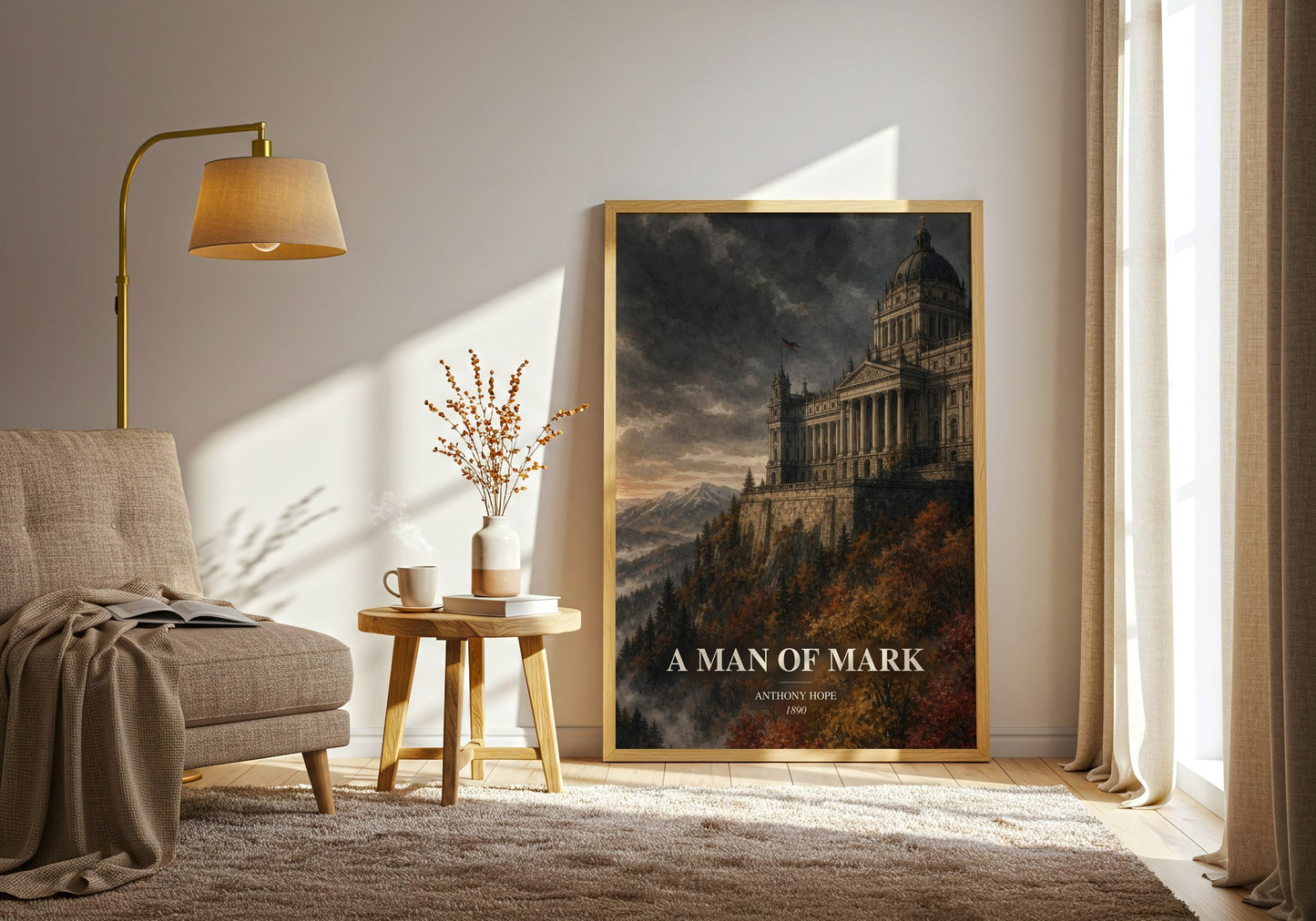 A Man Of Mark watercolour print in frame leaning in hallway – adventure wall art