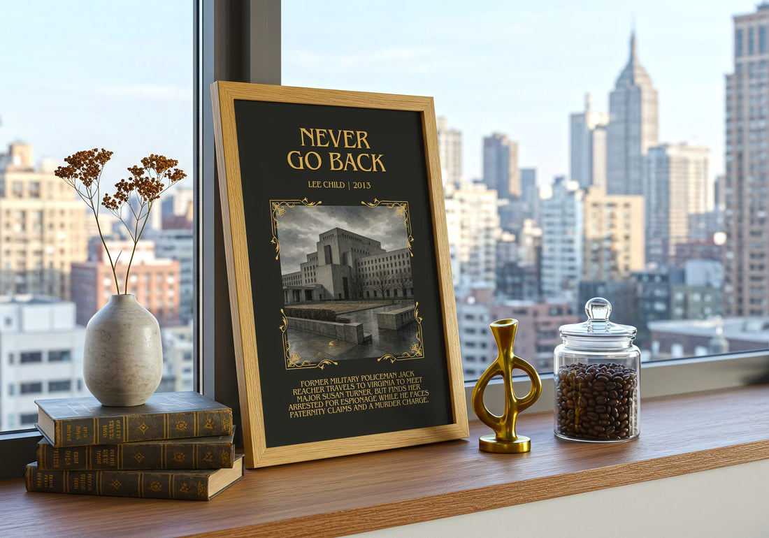 Never Go Back Minimalist Book Poster by Lee Child – framed print on a city-view windowsill