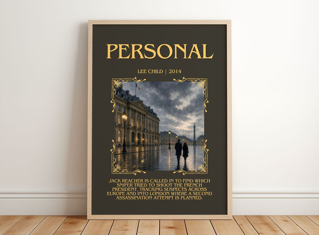 Personal Minimalist Book Poster by Lee Child – framed print leaning on a wooden floor