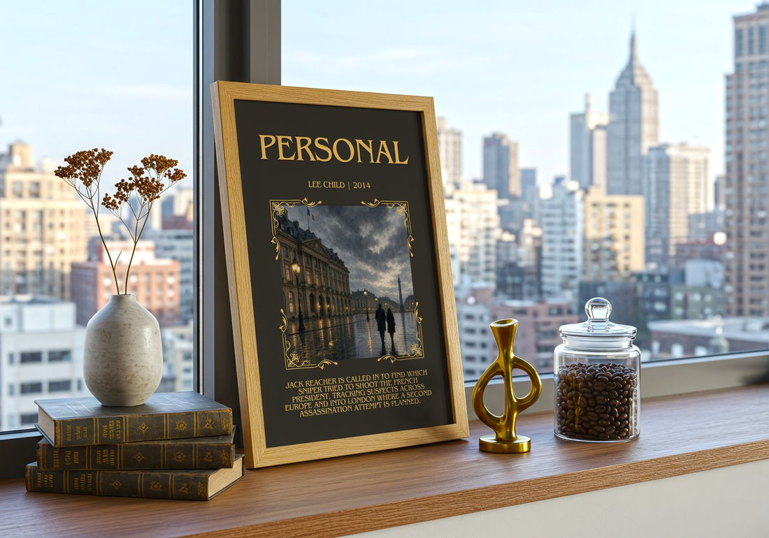 Personal Minimalist Book Poster by Lee Child – framed print on a city-view windowsill