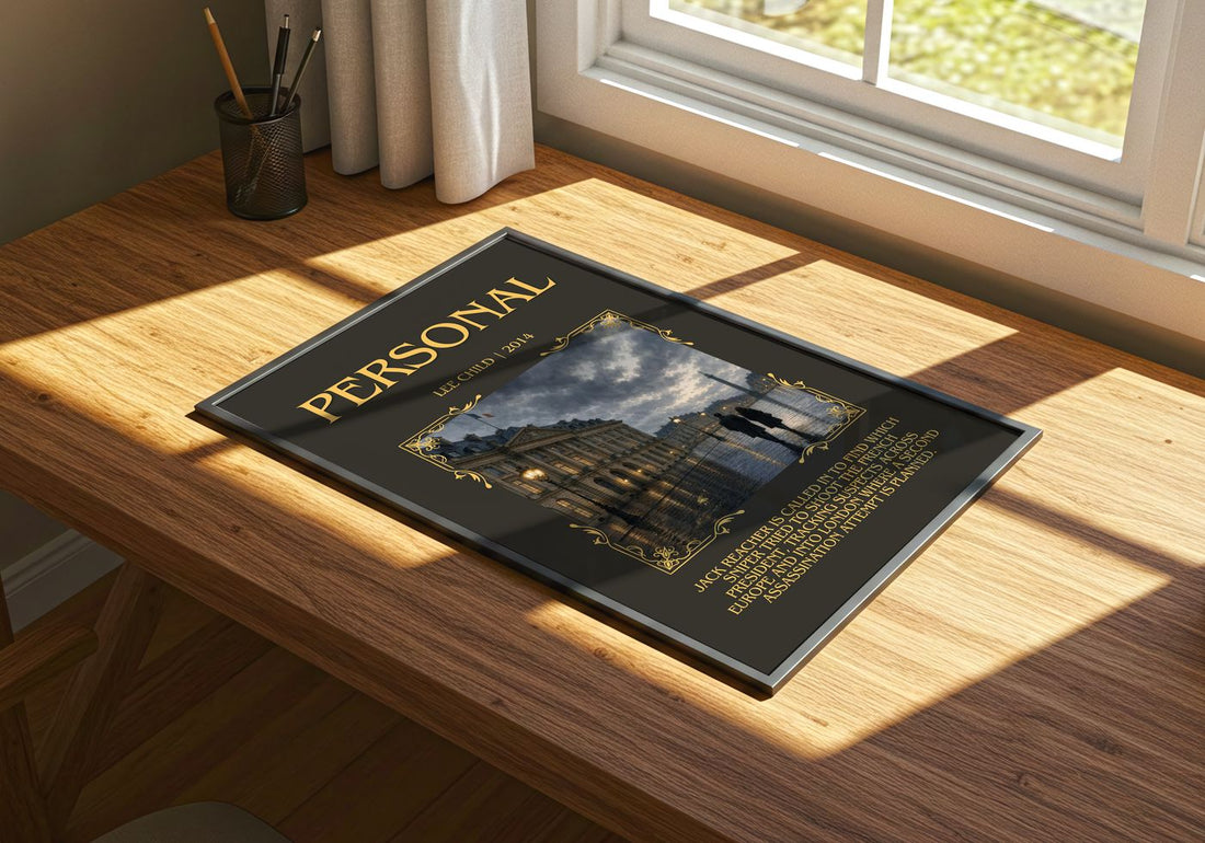 Personal Minimalist Book Poster by Lee Child – print on a sunlit desk