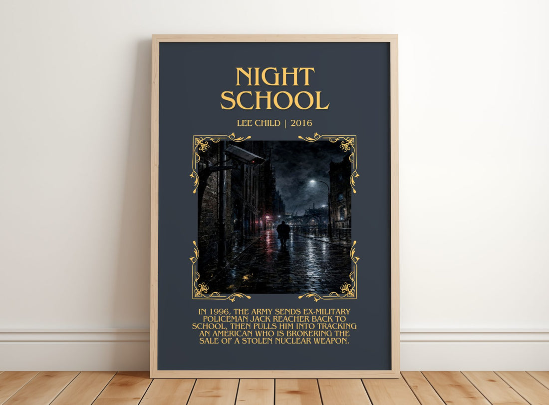 Night School Minimalist Book Poster by Lee Child – framed print leaning on a wooden floor