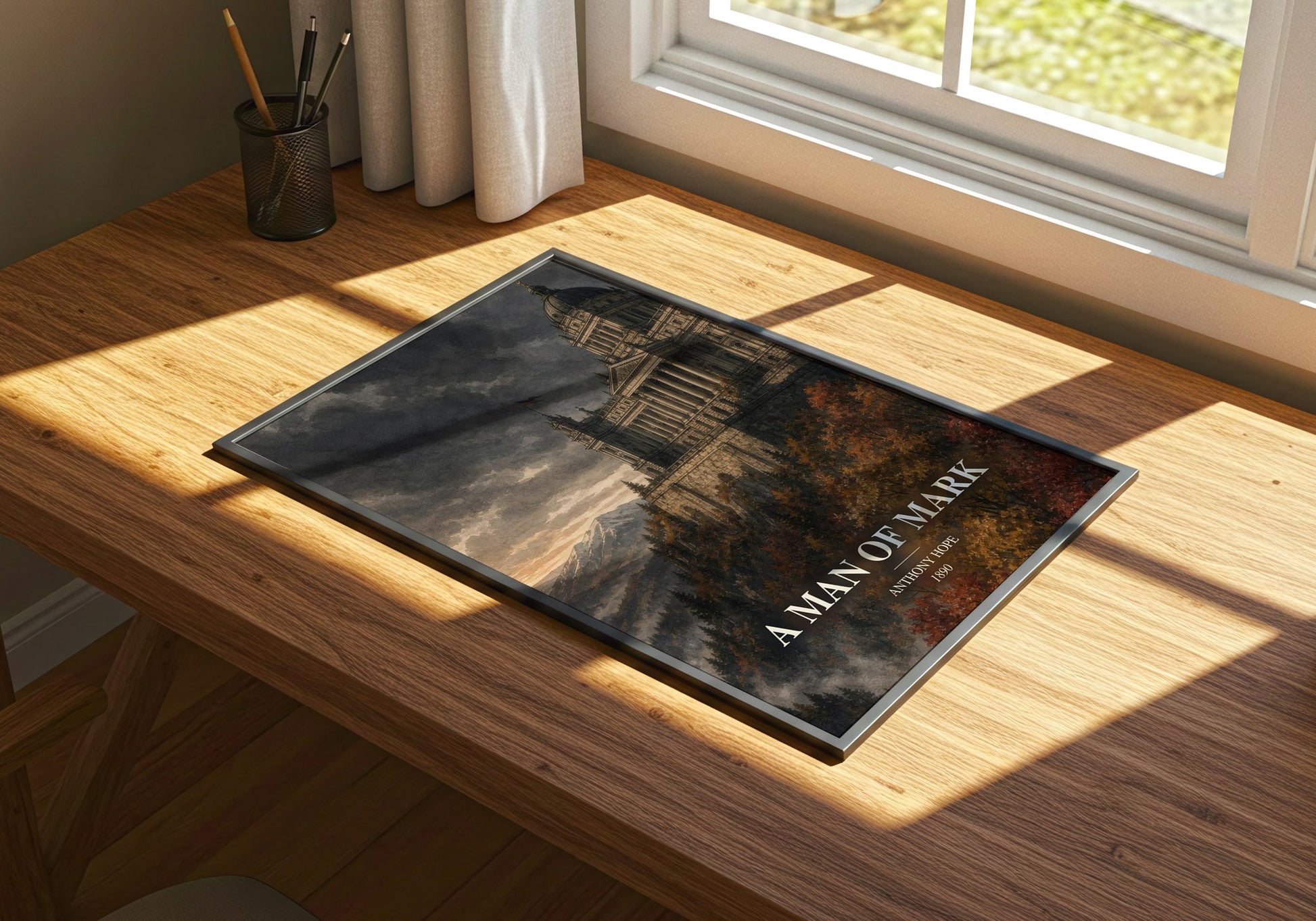 A Man Of Mark watercolour book poster framed on wall – adventure wall art