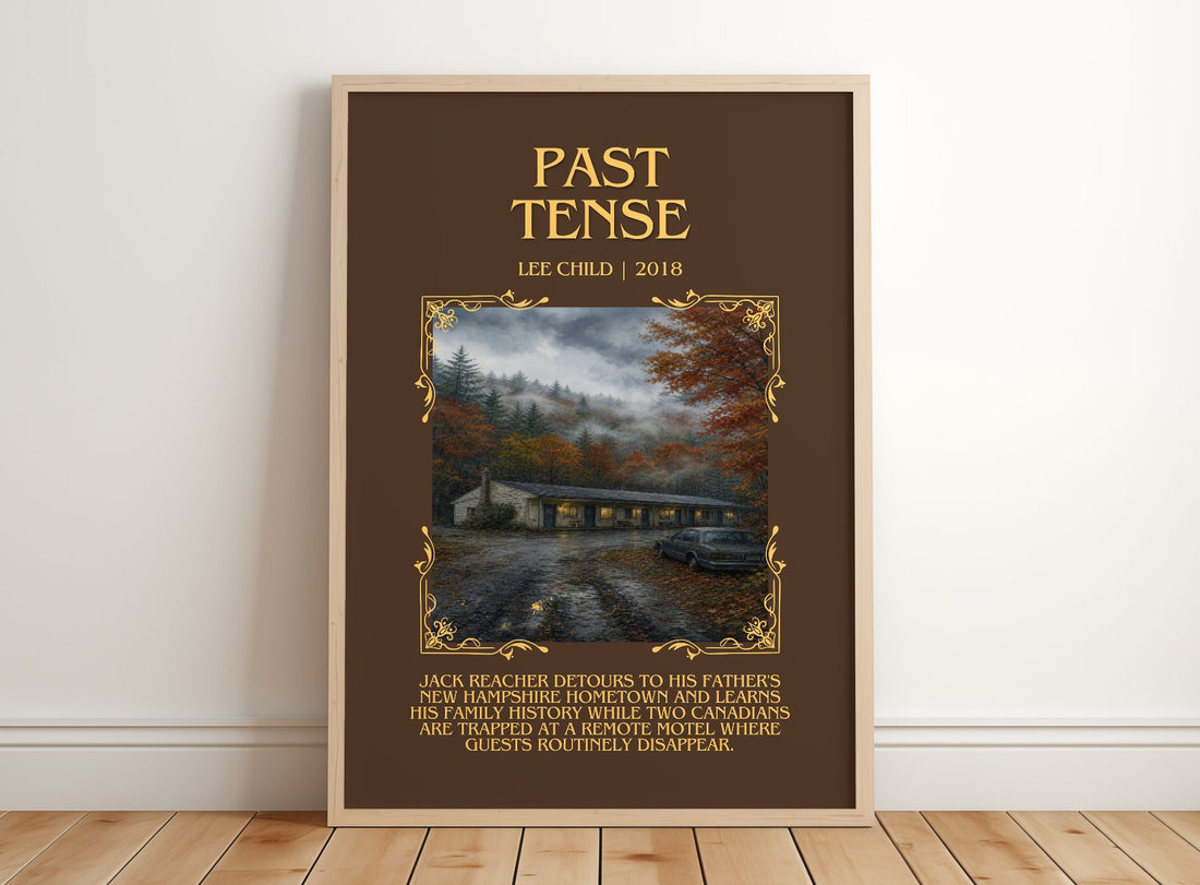 Past Tense Minimalist Book Poster by Lee Child – framed print leaning on a wooden floor