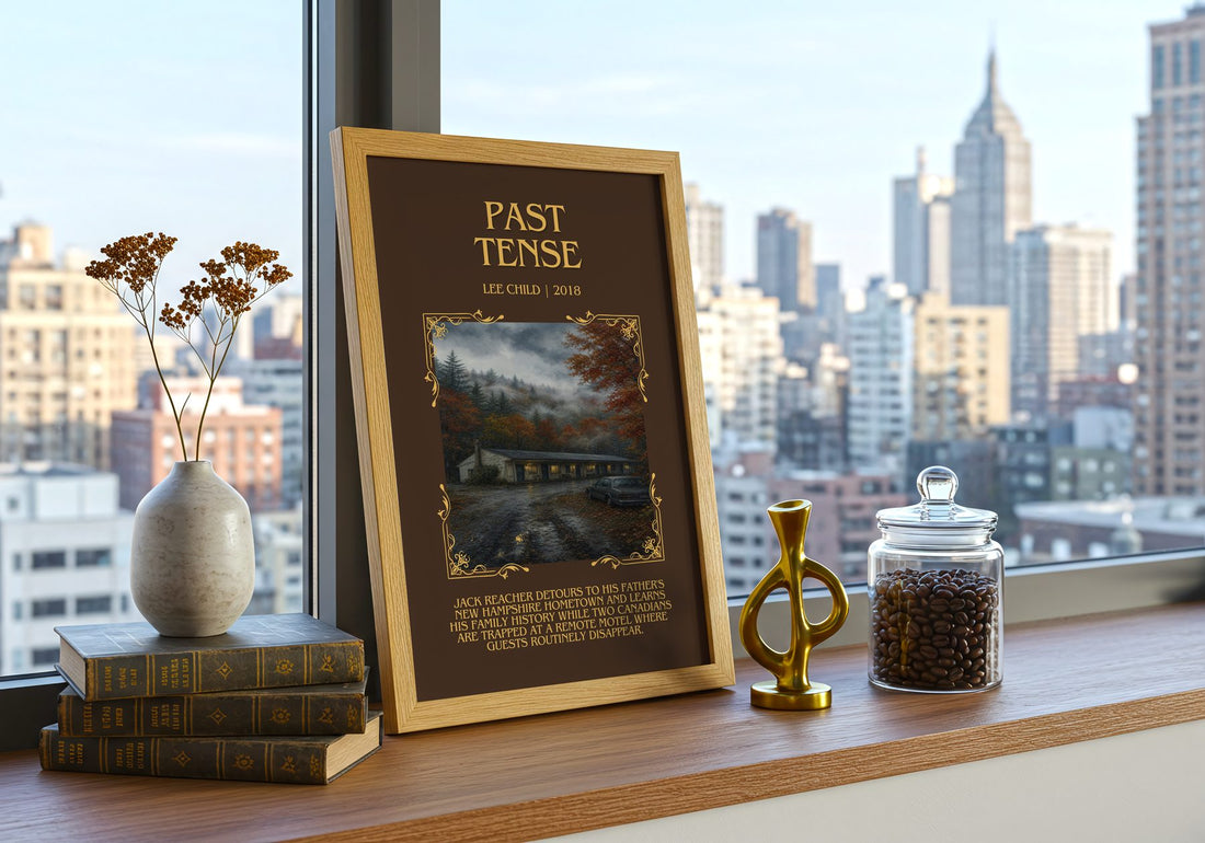 Past Tense Minimalist Book Poster by Lee Child – framed print on a city-view windowsill