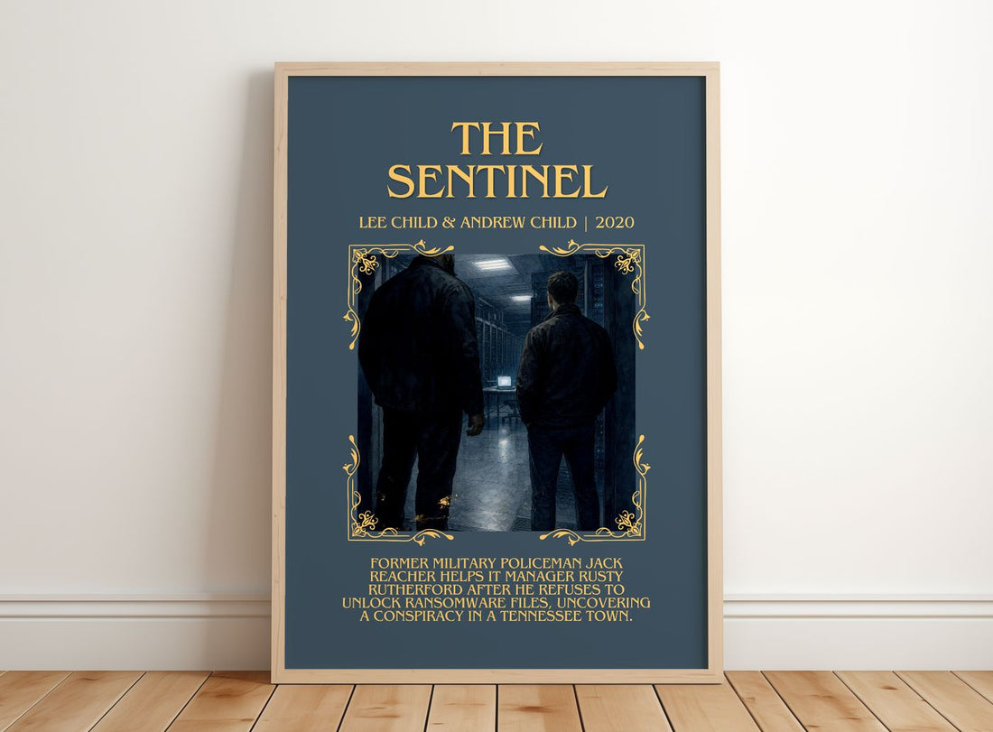 The Sentinel Minimalist Book Poster by Lee Child & Andrew Child – framed print leaning on a wooden floor