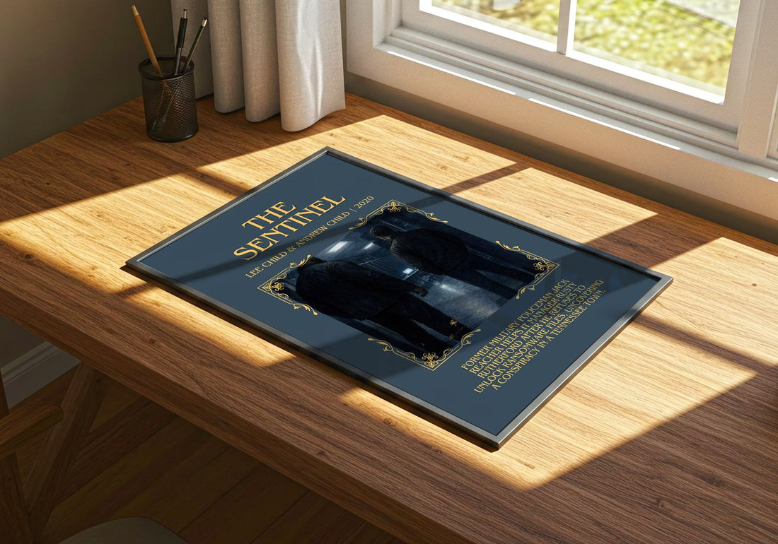 The Sentinel Minimalist Book Poster by Lee Child & Andrew Child – print on a sunlit desk