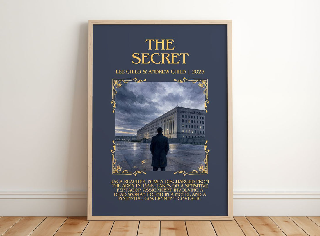 The Secret Minimalist Book Poster by Lee Child & Andrew Child – framed print leaning on a wooden floor