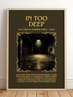 In Too Deep Minimalist Book Poster by Lee Child & Andrew Child – framed print leaning on a wooden floor