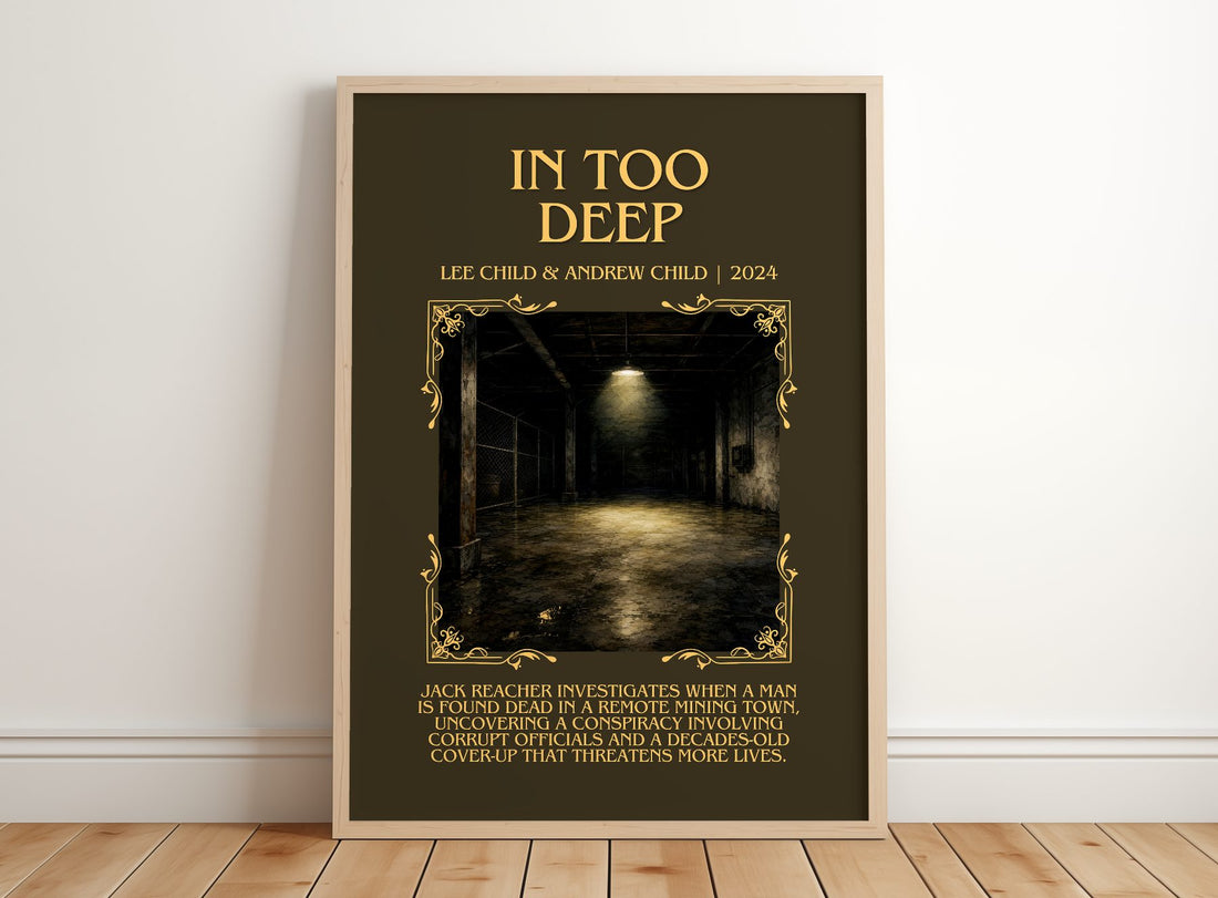 In Too Deep Minimalist Book Poster by Lee Child & Andrew Child – framed print leaning on a wooden floor