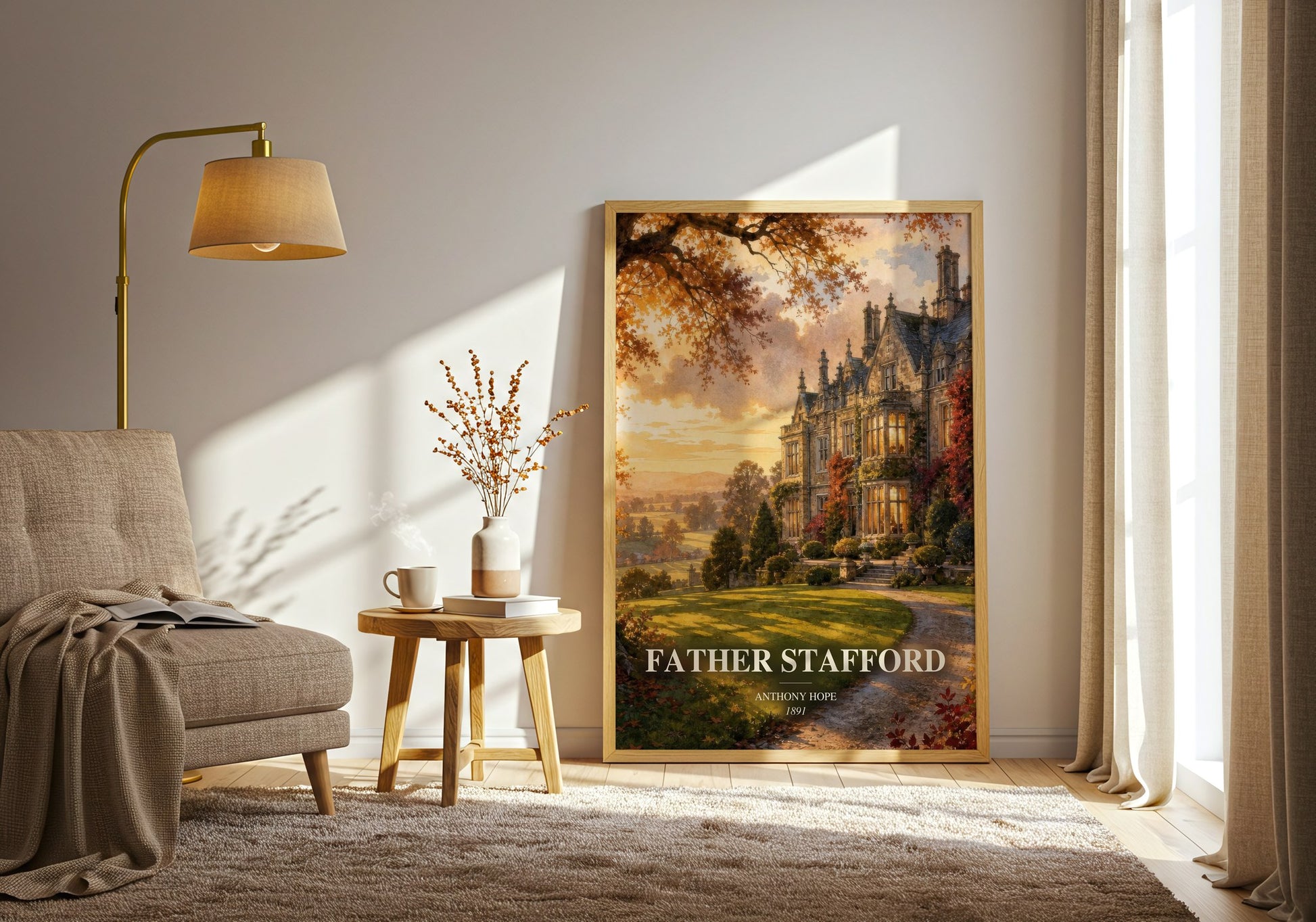 Father Stafford watercolour print in frame leaning in hallway – romance wall art
