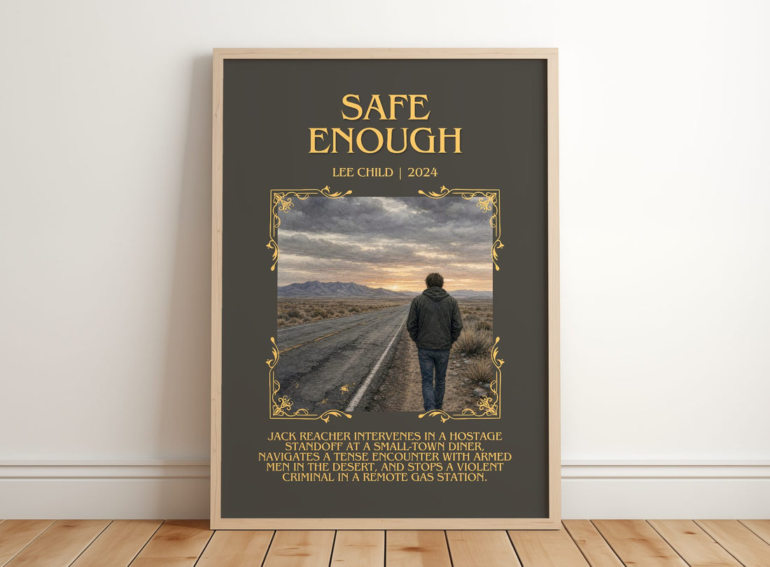 Safe Enough Minimalist Book Poster by Lee Child – framed print leaning on a wooden floor