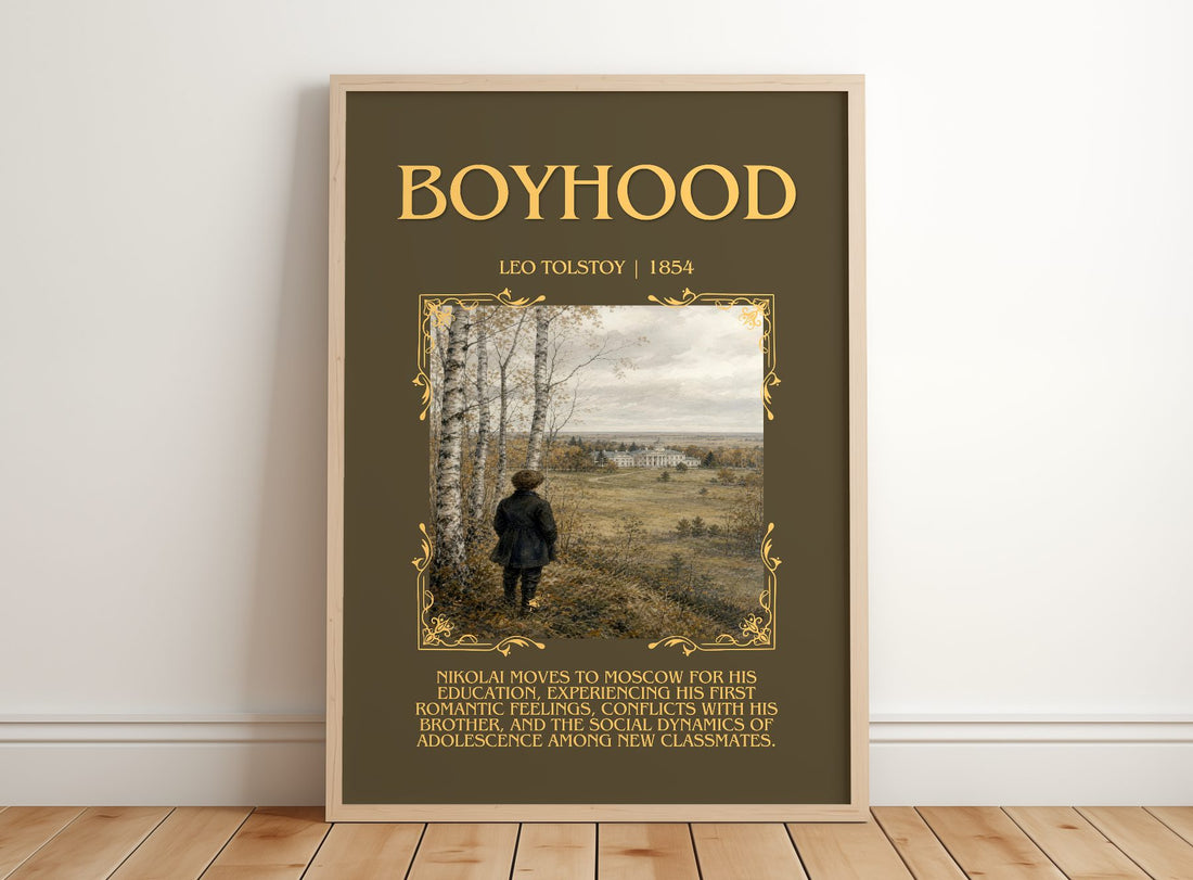 Boyhood Minimalist Book Poster by Leo Tolstoy – framed print leaning on a wooden floor