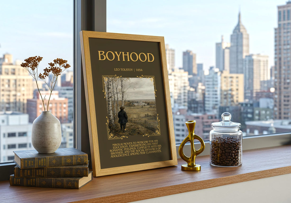 Boyhood Minimalist Book Poster by Leo Tolstoy – framed print on a city-view windowsill