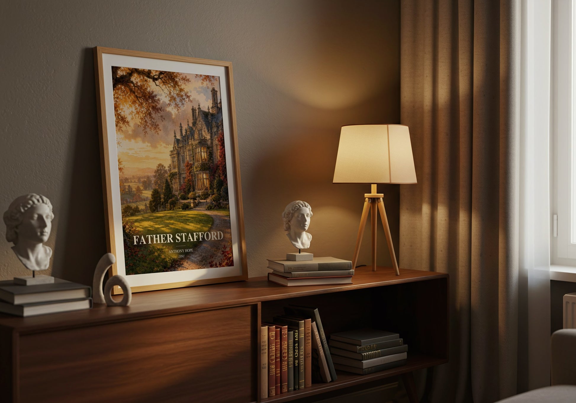 Father Stafford watercolour print on bookshelf – Anthony Hope fan gift