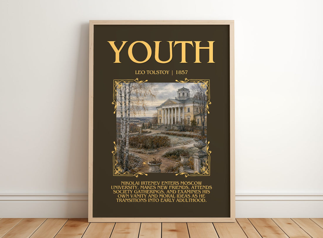 Youth Minimalist Book Poster by Leo Tolstoy – framed print leaning on a wooden floor