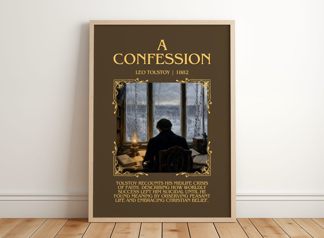 A Confession Minimalist Book Poster by Leo Tolstoy – framed print leaning on a wooden floor