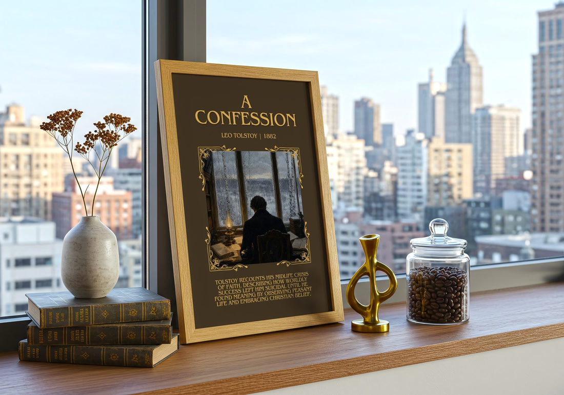 A Confession Minimalist Book Poster by Leo Tolstoy – framed print on a city-view windowsill