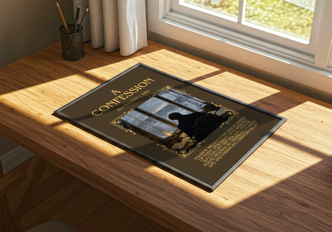 A Confession Minimalist Book Poster by Leo Tolstoy – print on a sunlit desk