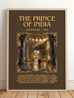 The Prince Of India Minimalist Book Poster by Lew Wallace – framed print leaning on a wooden floor