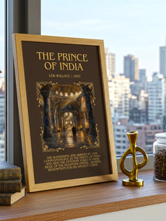 The Prince Of India Minimalist Book Poster by Lew Wallace – framed print on a city-view windowsill