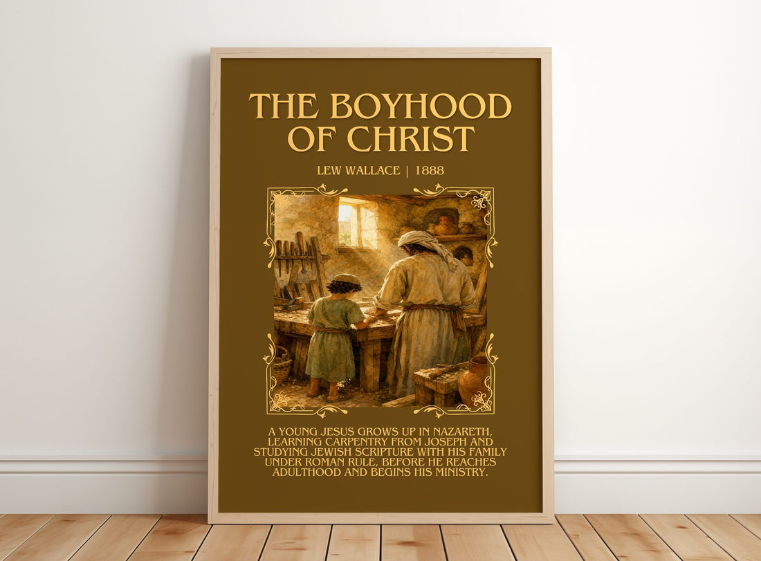 The Boyhood Of Christ Minimalist Book Poster by Lew Wallace – framed print leaning on a wooden floor