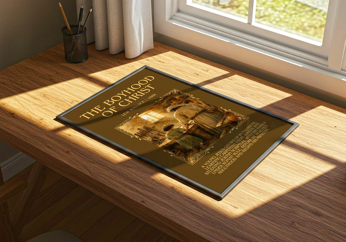 The Boyhood Of Christ Minimalist Book Poster by Lew Wallace – print on a sunlit desk