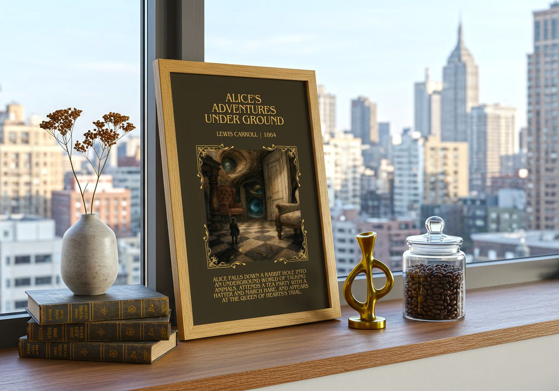 Alice'S Adventures Under Ground Minimalist Book Poster by L. Carroll – framed print on a city-view windowsill